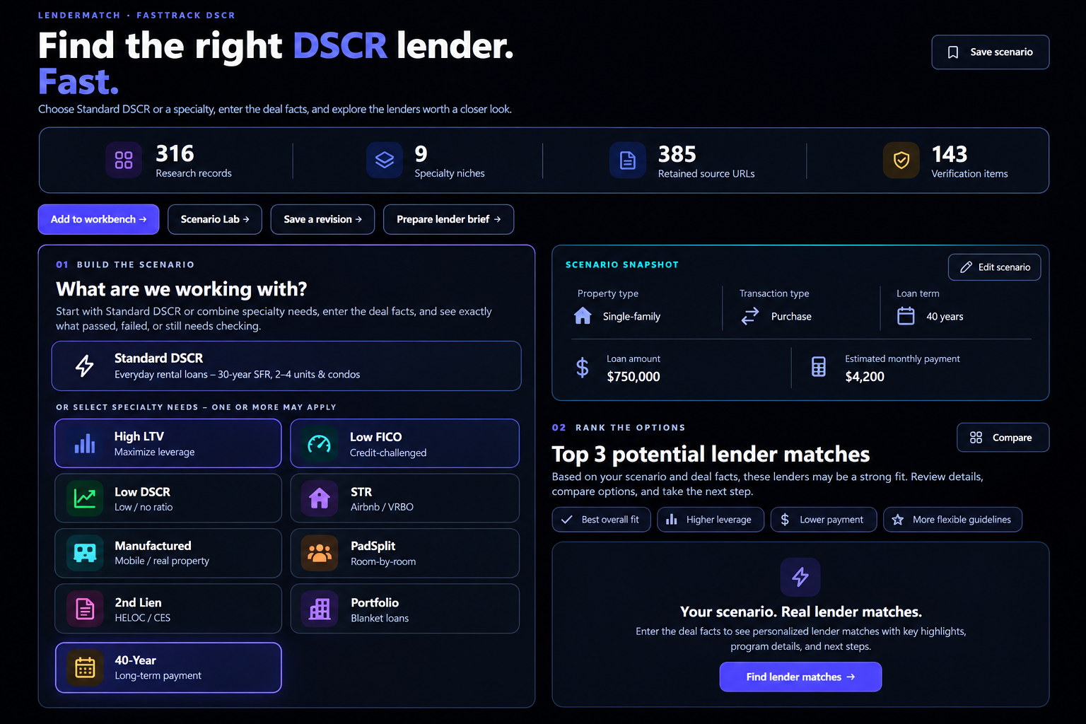 FastTrack DSCR LenderMatch interface showing scenario selection, specialty DSCR programs, and potential lender matches.